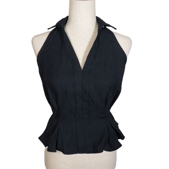 OGL Tops - OGL Navy Linen Blend Collared V Neck Sleeveless Tie Waist Top Size Small